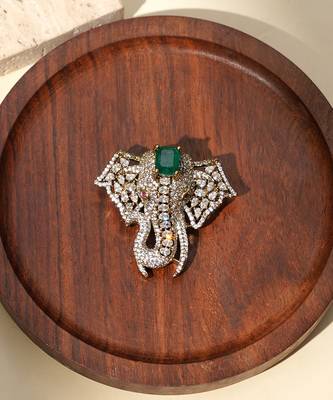 Gold plated green stone american diamond brooch 3