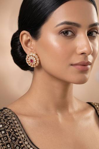Gold plated ruby pink kundan stud earrings