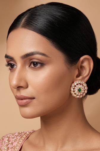 Gold plated green stone kundan stud earrings