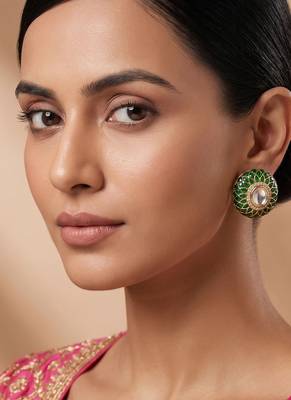 Gold plated green stones stud earrings 1