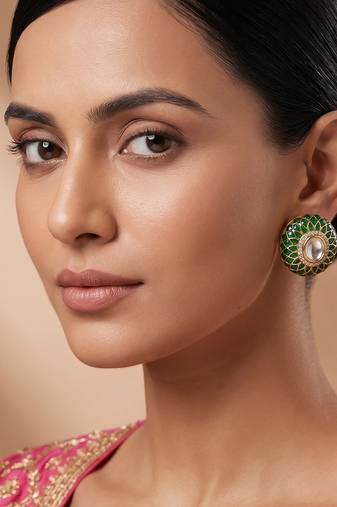 Gold plated green stones stud earrings