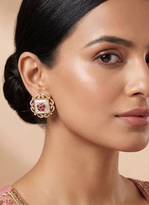 Gold plated ruby pink kundan stud earrings 1