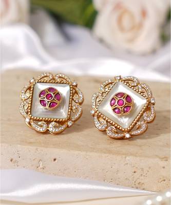 Gold plated ruby pink kundan stud earrings 2
