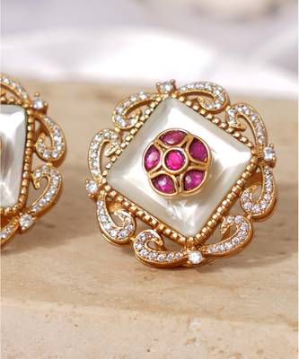 Gold plated ruby pink kundan stud earrings 3
