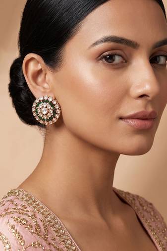Gold plated green stones kundan stud earrings