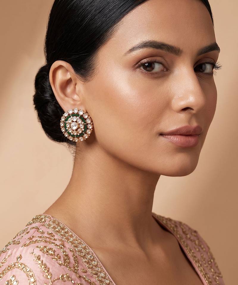 Gold plated green stones kundan stud earrings