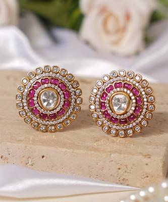 Gold plated ruby pink kundan stud earrings 1
