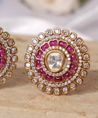Gold plated ruby pink kundan stud earrings 2