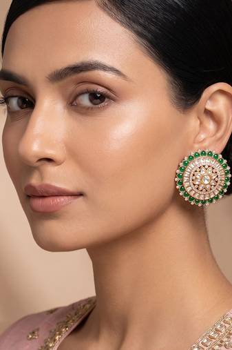 Gold plated green stones kundan stud earrings