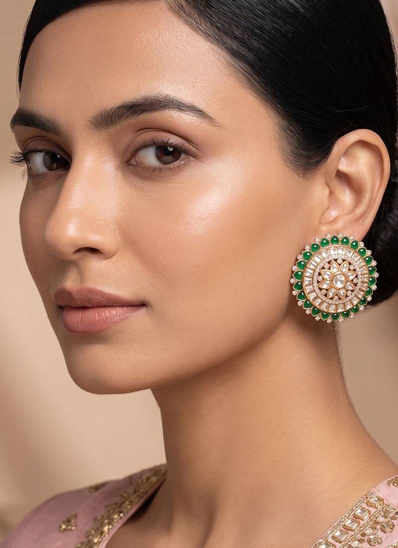 Gold plated green stones kundan stud earrings