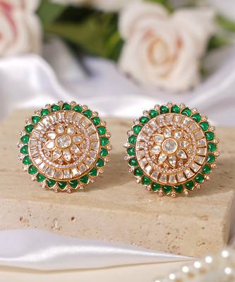 Gold plated green stones kundan stud earrings 2