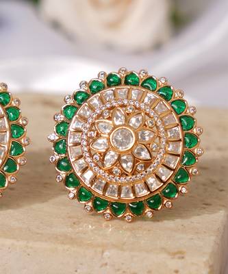 Gold plated green stones kundan stud earrings 3