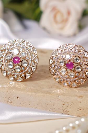 Gold plated pink stone kundan stud earrings