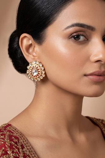 Gold plated ruby red stones kundan stud earrings