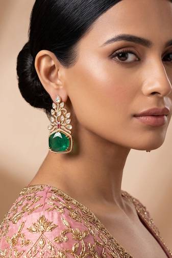 Gold plated green kundan stone long earrings