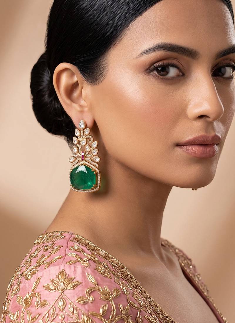 Gold plated green kundan stone long earrings