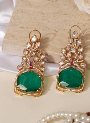 Gold plated green kundan stone long earrings 2