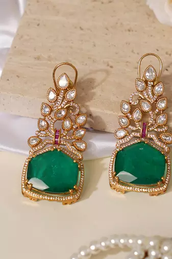 Gold plated green kundan stone long earrings