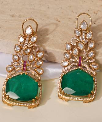 Gold plated green kundan stone long earrings 3