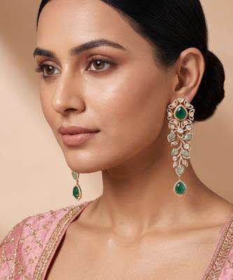 Gold plated green stones kundan long earrings 1