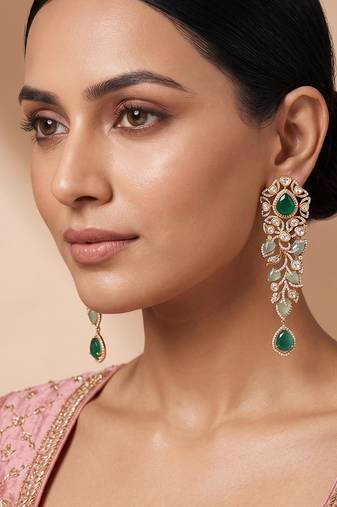 Gold plated green stones kundan long earrings
