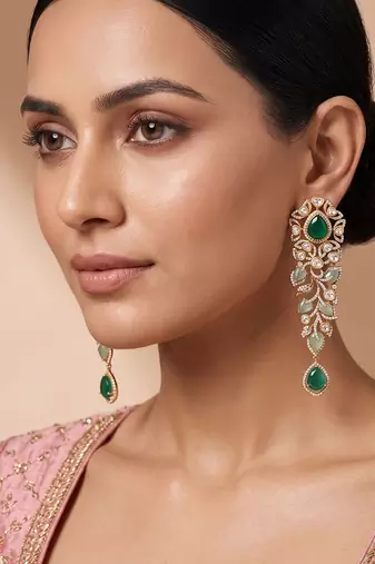 Gold plated green stones kundan long earrings