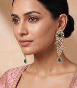 Gold plated green stones kundan long earrings