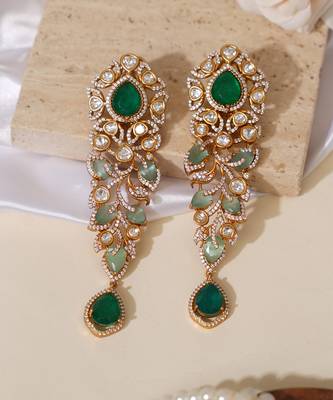 Gold plated green stones kundan long earrings 2