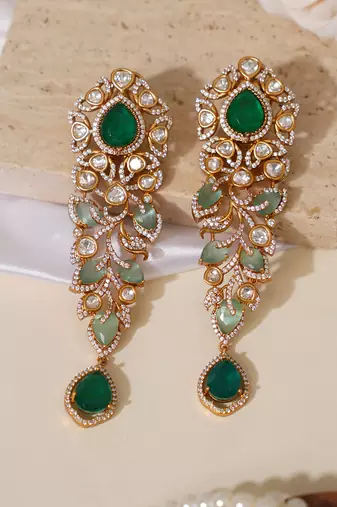 Gold plated green stones kundan long earrings