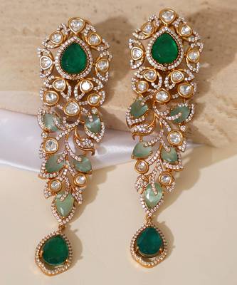 Gold plated green stones kundan long earrings 3