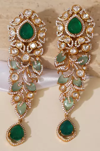 Gold plated green stones kundan long earrings