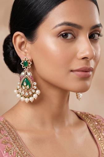 Gold plated green stones beaded long earrings