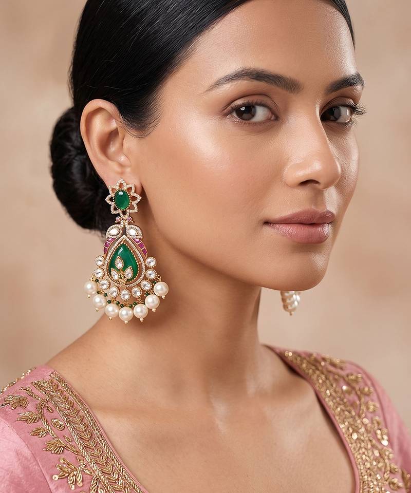 Gold plated green stones beaded long earrings