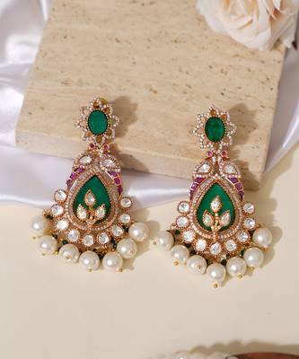 Gold plated green stones beaded long earrings 2