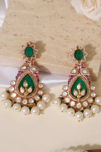 Gold plated green stones beaded long earrings