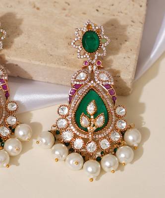 Gold plated green stones beaded long earrings 3