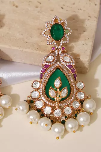 Gold plated green stones beaded long earrings
