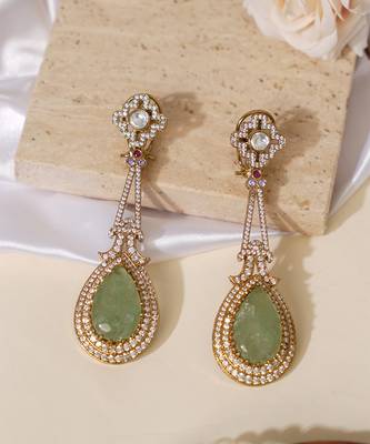 Gold plated mint green kundan stone long earrings 1