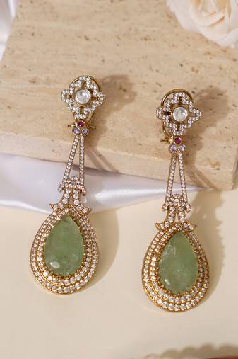 Gold plated mint green kundan stone long earrings