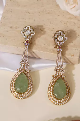 Gold plated mint green kundan stone long earrings