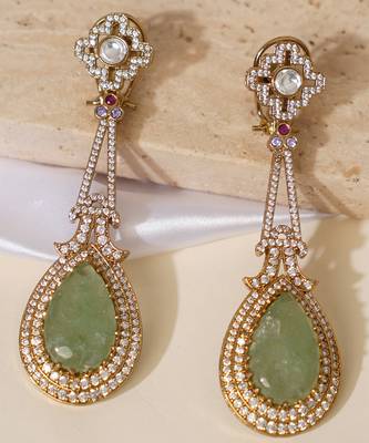 Gold plated mint green kundan stone long earrings 2