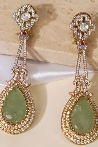 Gold plated mint green kundan stone long earrings