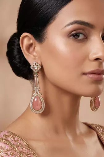 Gold plated peach stone kundan long earrings