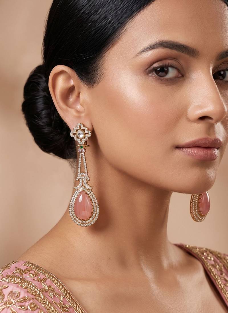 Gold plated peach stone kundan long earrings