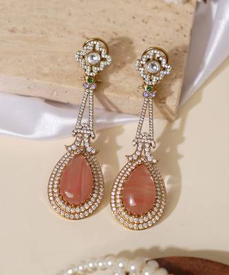 Gold plated peach stone kundan long earrings 2