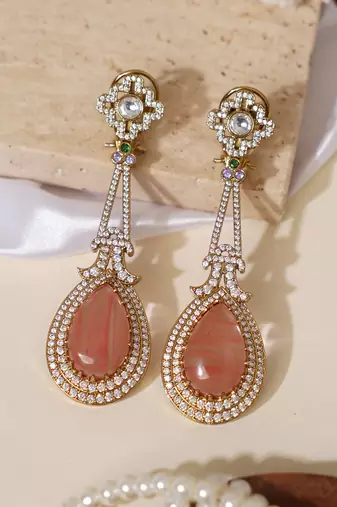 Gold plated peach stone kundan long earrings