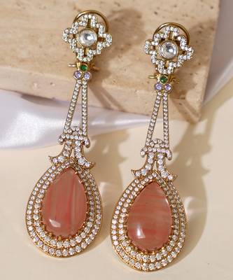 Gold plated peach stone kundan long earrings 3