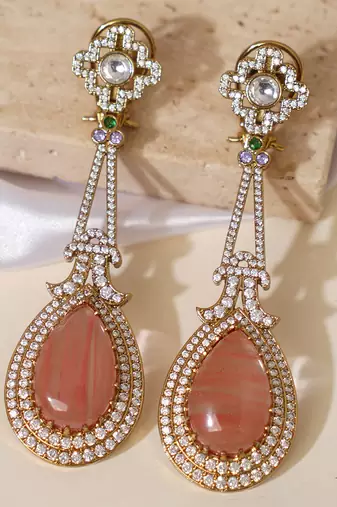 Gold plated peach stone kundan long earrings
