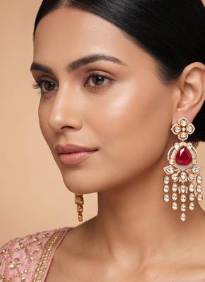 Gold plated red stone kundan long earrings 1