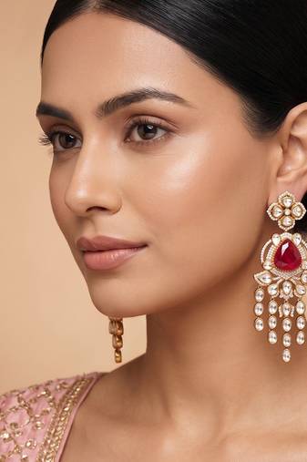 Gold plated red stone kundan long earrings